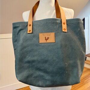 Meanwhile Back on the Farm Leather Day tote. Limited edition, Sea-foam blue